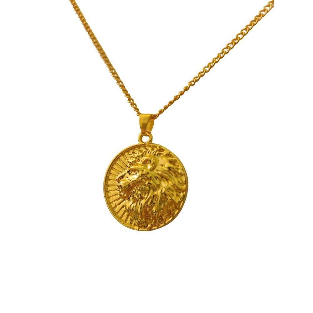 Gold Lion Circle Coin Necklace Unisex Men Women Jewelry